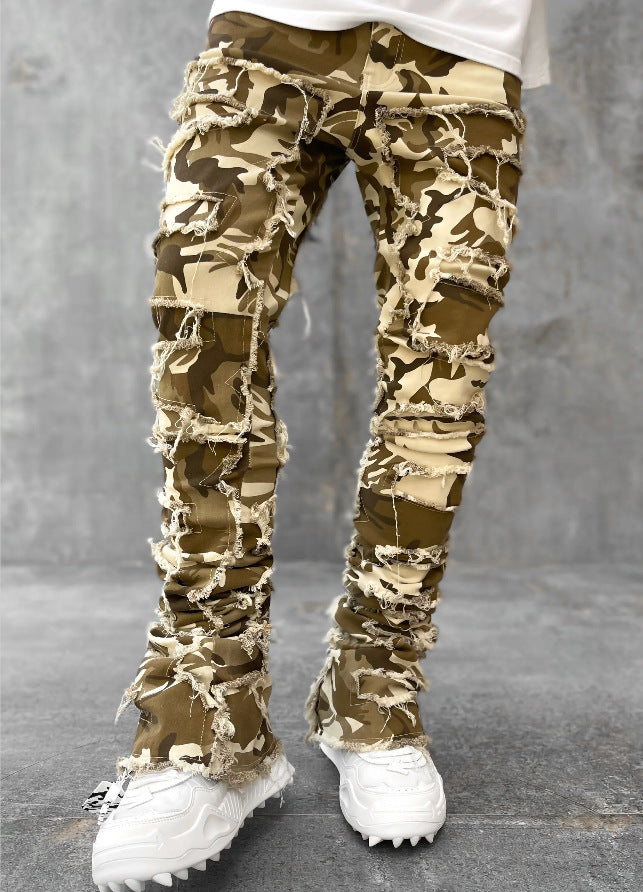 Ins Fringes Ripped Trousers Individual Patched Pants Long Tight Fit Stacked Jeans For Mens Clothing - cas7m