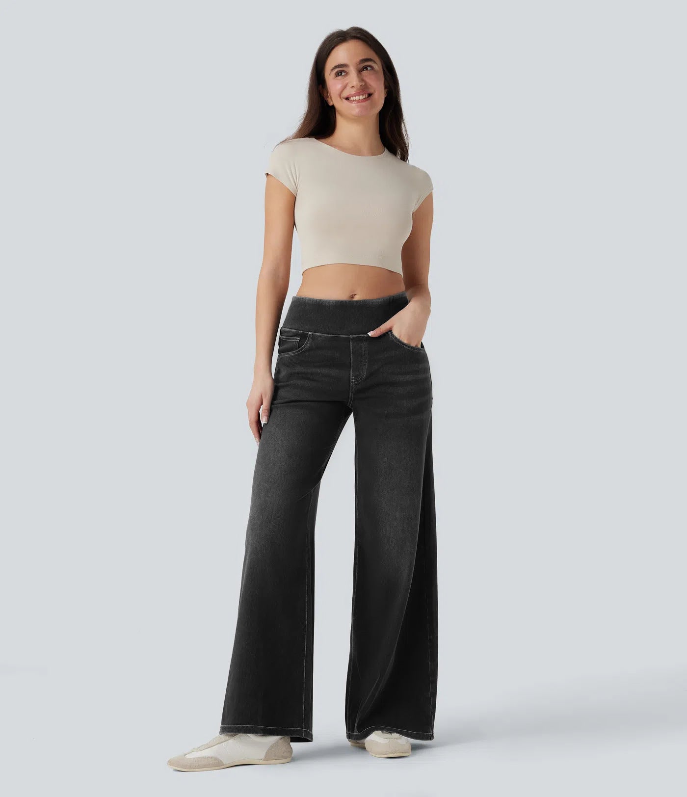 High-waisted Loose-fit Stretchy Wide-leg Jeans For Women - cas7m