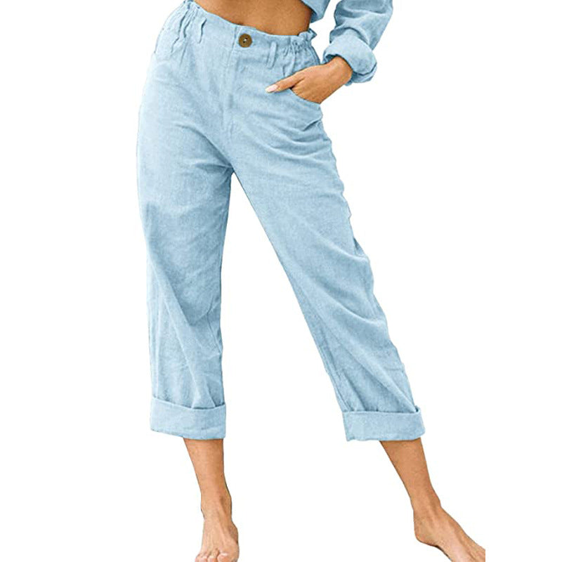 Patchwork Pant Women's Cotton Linen Pants Drawstring Back Elastic Waist Pants Loose Casual Trousers - cas7m