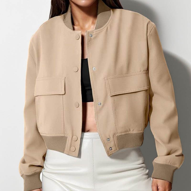 Fashion Button Stand-collar Jacket With Big Pockets Casual Loose Short Outwear Tops Coat For Women Clothing - cas7m