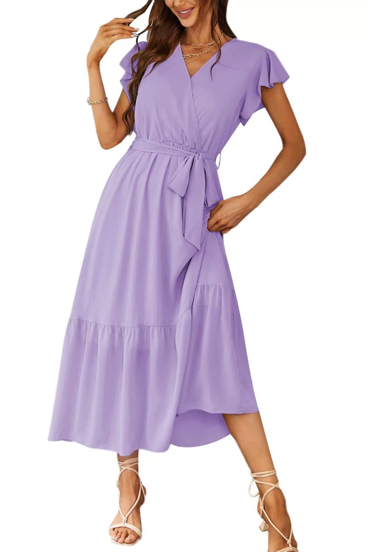 Womens Floral Print Flounce Short-Sleeve Midi Dress - cas7m