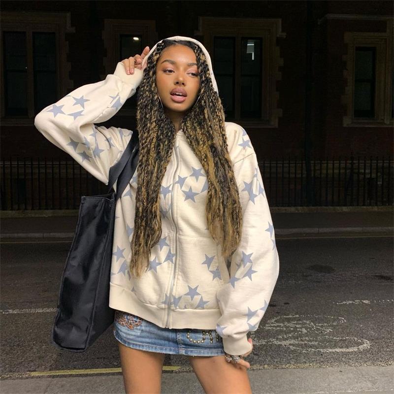 Stars Printed Zipper Hooded Cardigan Couple Fashion Outerwear Hoodies Sweatshirt Street Men Women Coat - cas7m
