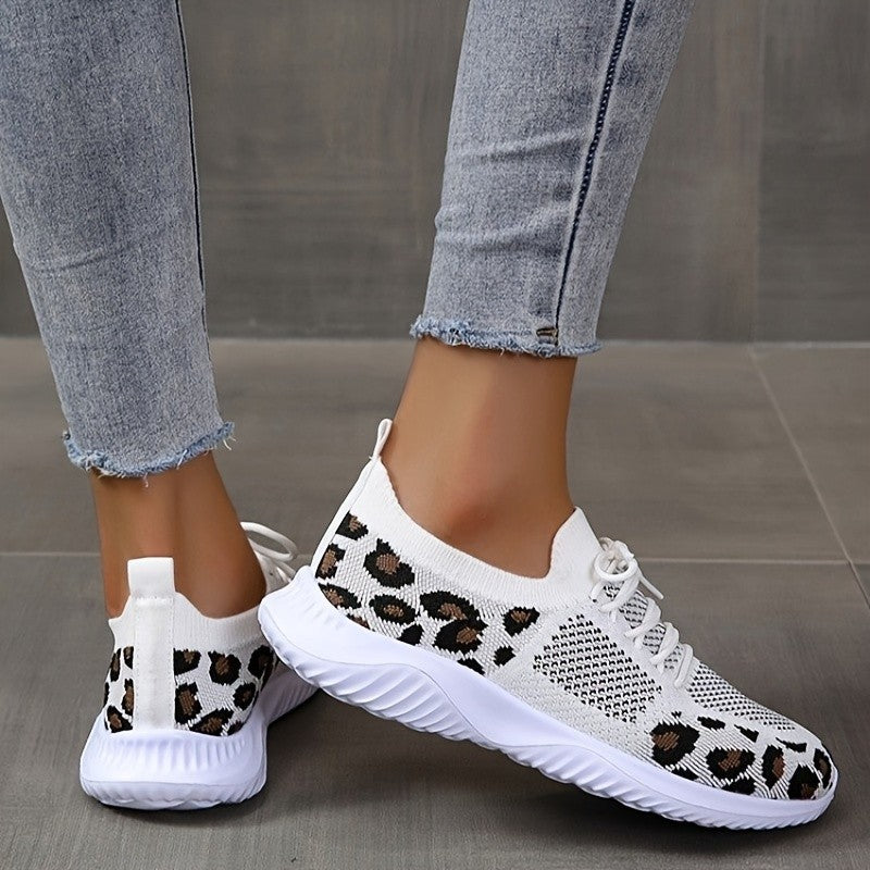 White Shoes Women Leopard Print Lace-up Sneakers Sports - cas7m