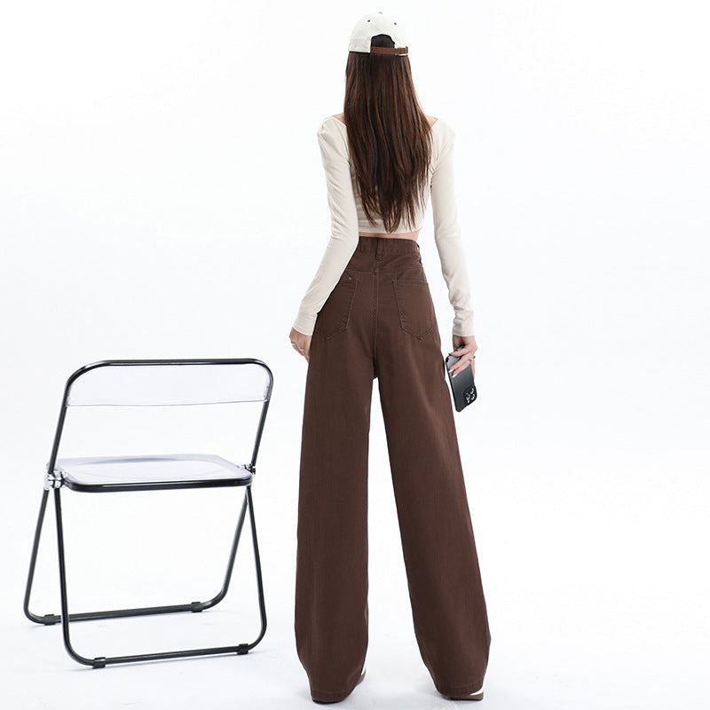 Retro Brown High Waist Straight Pants Women's Wide Leg Mop Pants - cas7m