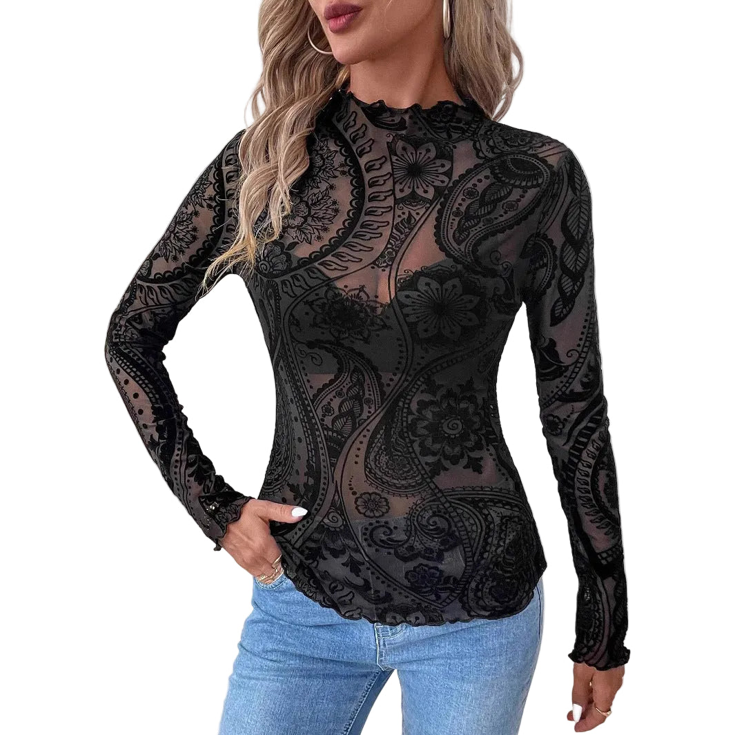 Women Paisley Flocked Printed Mesh Fungus Long Sleeve T-shirt - cas7m