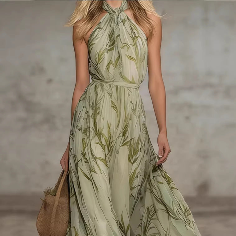 Elegant Leaf-print Off-shoulder Neckline Chiffon Sleeveless Long Dress For Women - cas7m