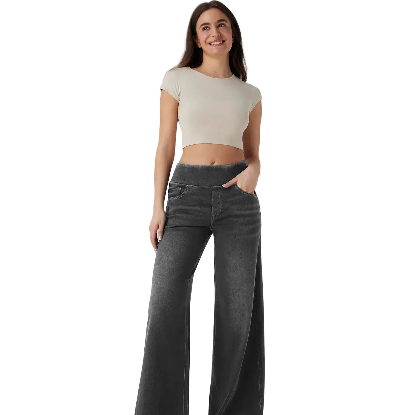 High-waisted Loose-fit Stretchy Wide-leg Jeans For Women - cas7m
