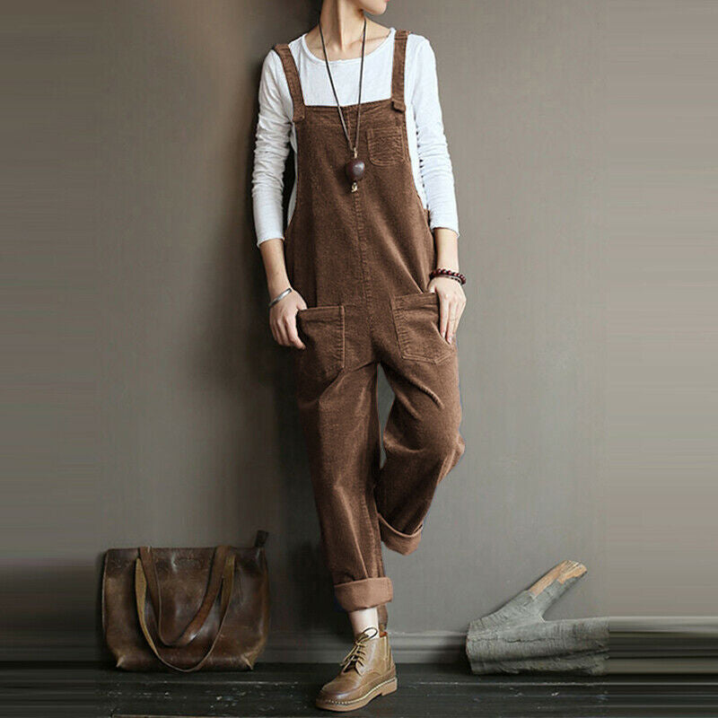Women's Corduroy Solid Color Casual Bib Pants - cas7m