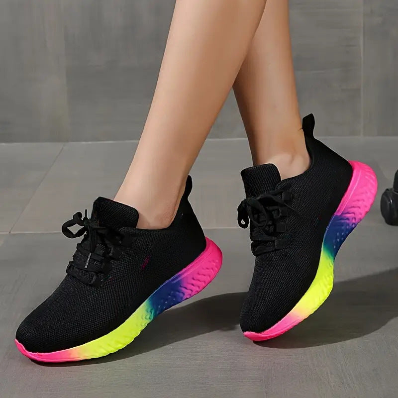 Lace-up Mesh Shoes With Rainbow Sole Design Fashion Walking Running Sports Shoes Sneakers For Women - cas7m