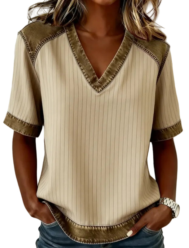 Color-blocked V-neck Raglan Sleeve T-shirt For Women, Loose Fit, Casual And Versatile Short Sleeve. - cas7m