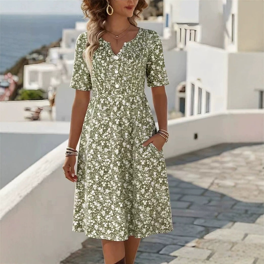 Womens Floral Print V-Neck Midi Dress With Short Sleeves - cas7m