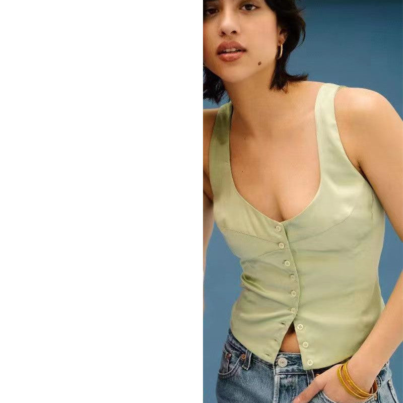 Woman Square-neck Small Slip Top Button Backless Sleeveless Vest - cas7m