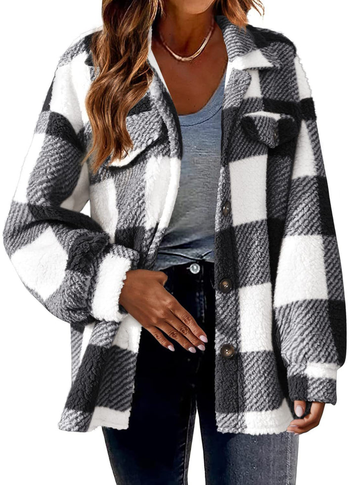 Turndown Collar Plaid Jacket With Pockets Single Breasted Button Down Woolen Jacket Autumn And Winter Clothes For Women - cas7m