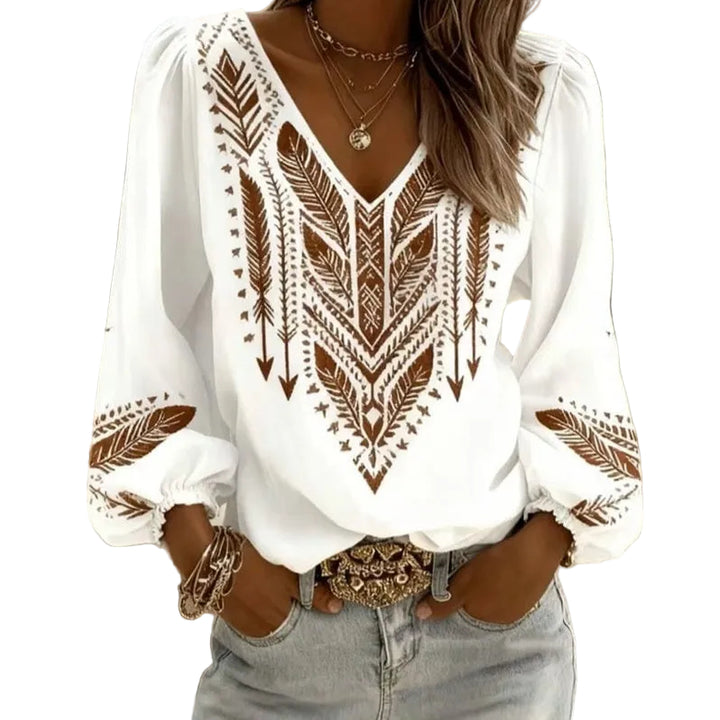 Plus-size V-neck Long-sleeve Printed Top For Women - cas7m