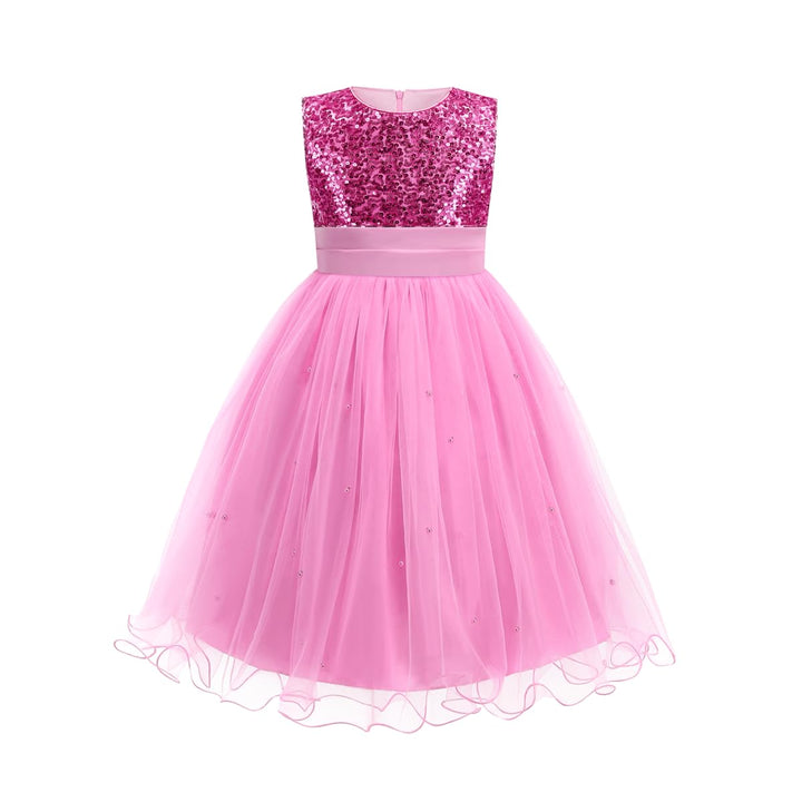 A pink girls' party dress with a sparkling magenta sequined bodice, a solid pink waistband, and a voluminous pink tulle skirt with small star embellishments.