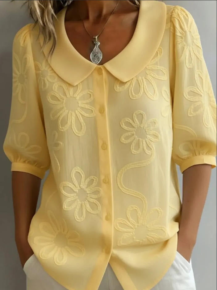 Loose-fit Retro Buttoned 3D Embroidered Floral Shirt - cas7m