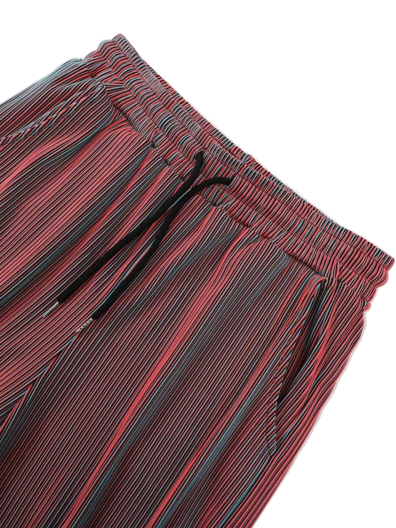 Red and black striped shorts with a drawstring on a white background