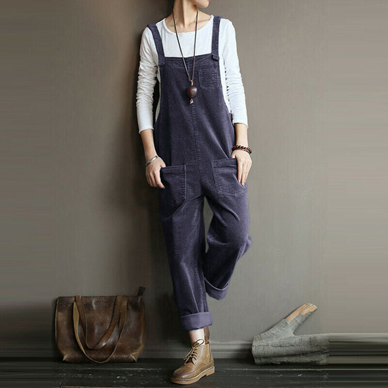 Women's Corduroy Solid Color Casual Bib Pants - cas7m
