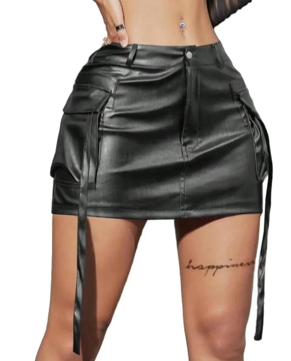 Black leather mini skirt with tie details on a white background