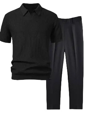 A men's two-piece clothing set featuring a black short-sleeve ribbed knit polo shirt and matching black trousers, displayed against a light gray background.