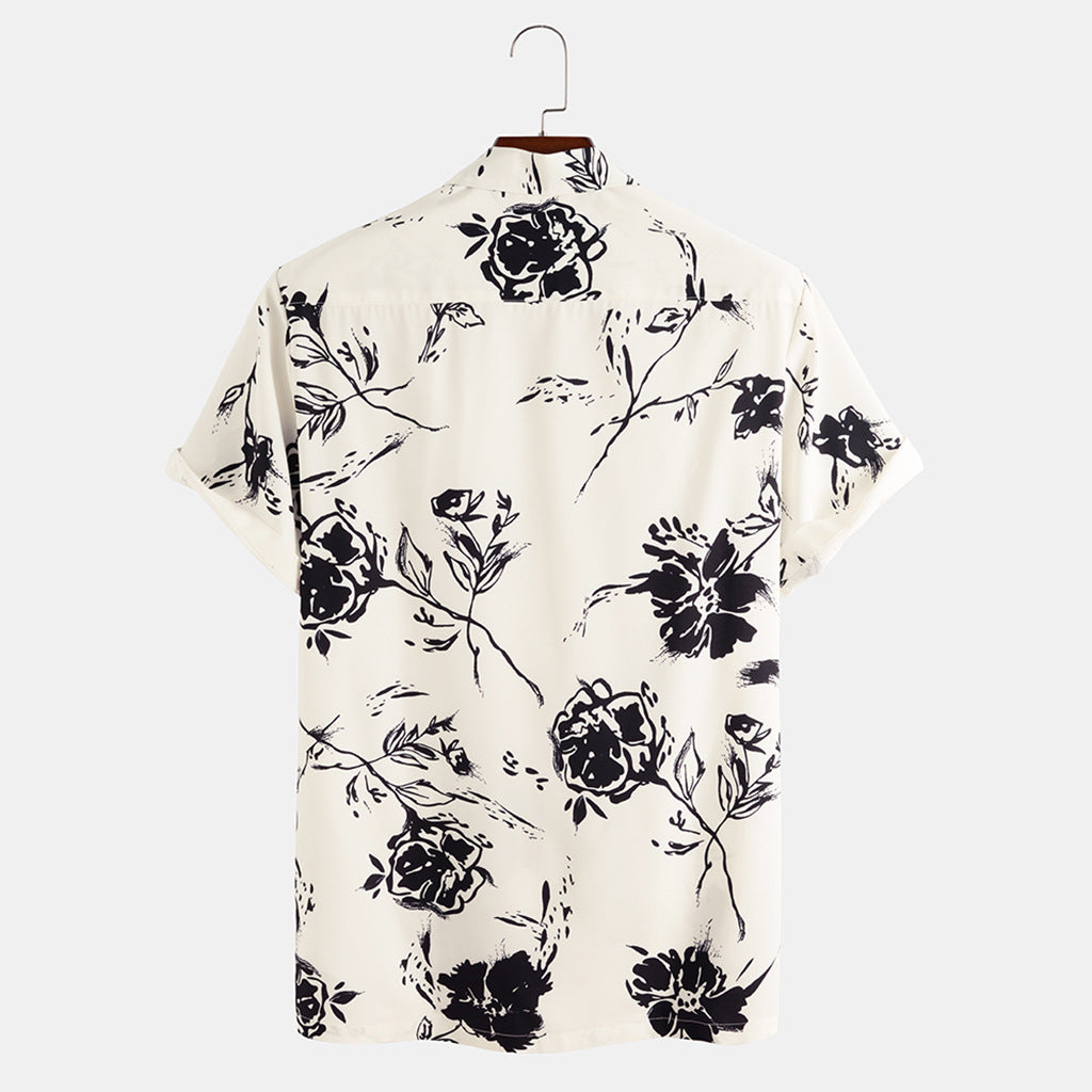 Men's Floral Short Sleeve Lapel Shirt - Cotton Polyester Blend - cas7m