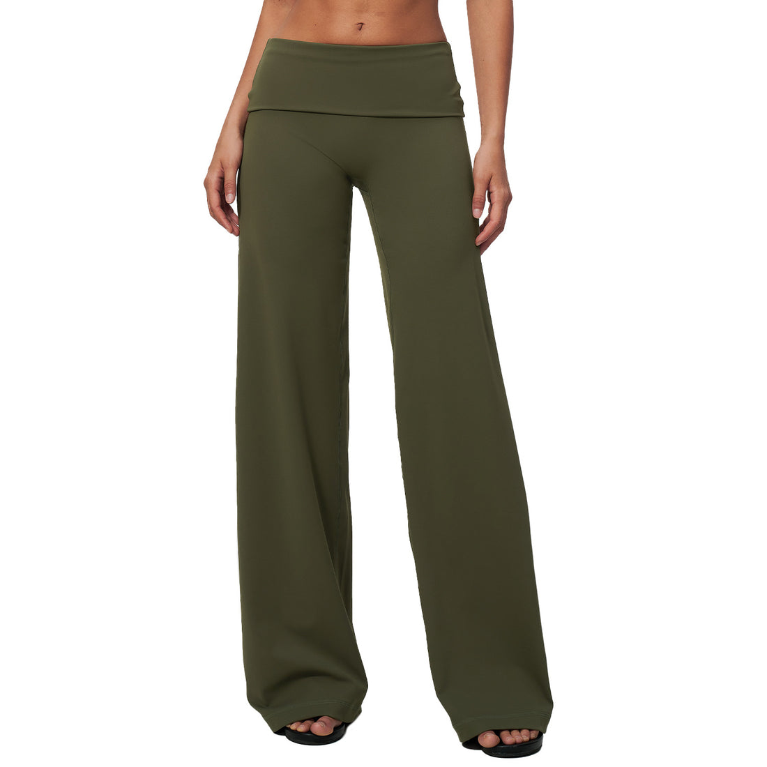 A model wearing olive green wide-leg lounge pants with a high-waisted, elasticized waistband, shown from the waist down on a plain white background.