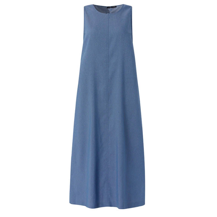 Womens Solid-Color Fashionable Round-Neck Loose-Fit Pocketed Dress - cas7m