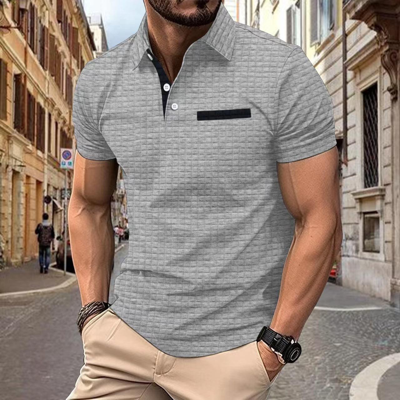 Button Jacquard Plaid Men's Sports Polo Shirt Men - cas7m