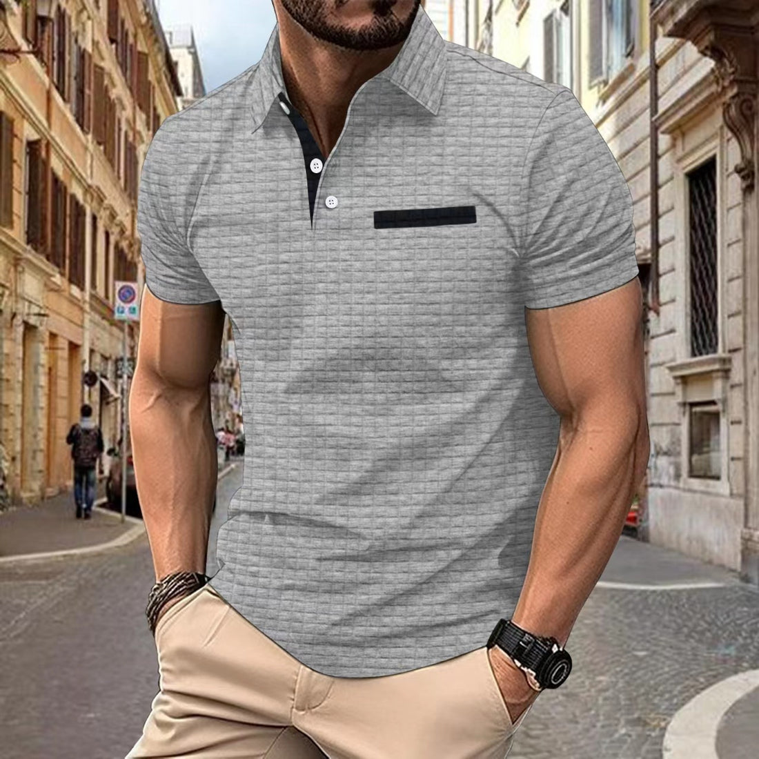 Button Jacquard Plaid Men's Sports Polo Shirt Men - cas7m