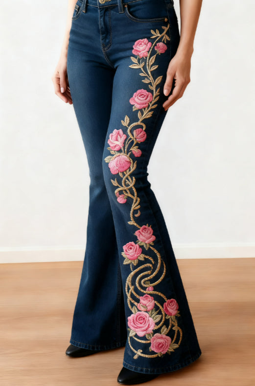 Women's Casual Floral Print Slim-fit Flared Jeans - cas7m