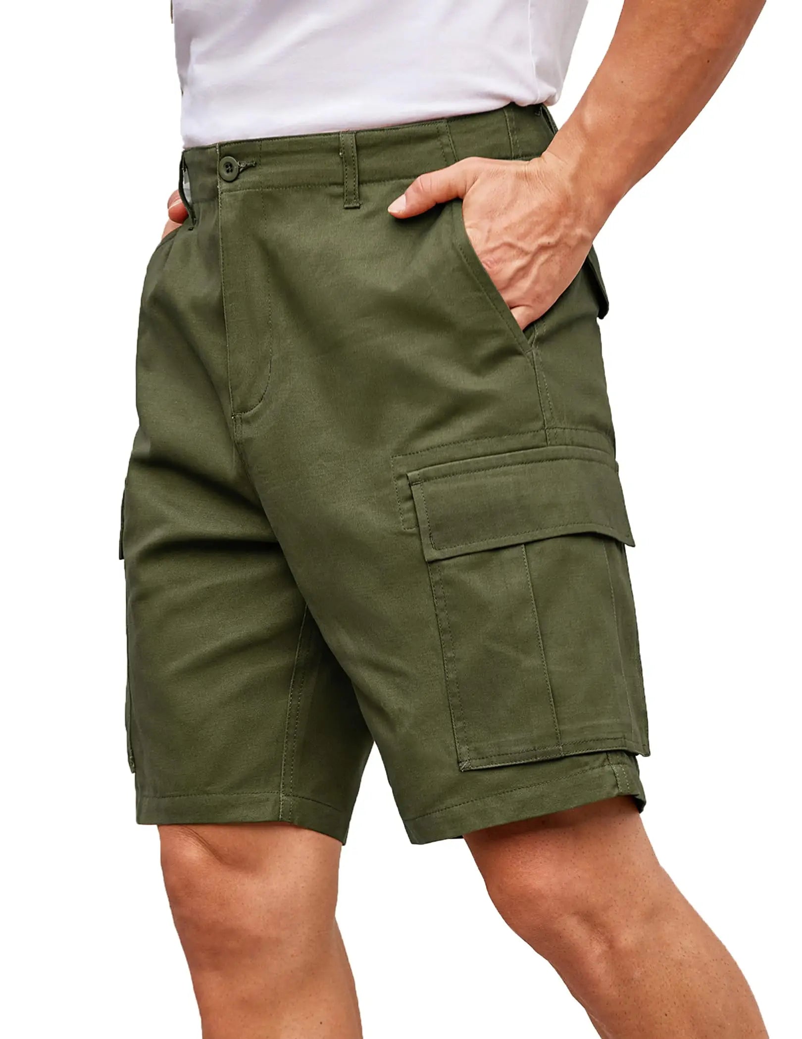 A person wearing olive green cargo shorts with a white t-shirt partially visible, shown from the waist down against a plain white background.