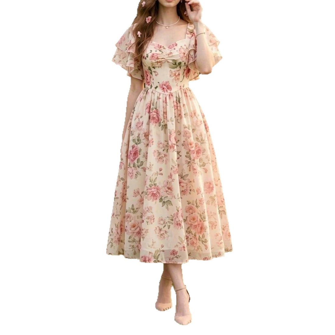 Square-neck Puff-sleeve Floral Print Waist-cinched Midi Dress With A Flared Hem - cas7m