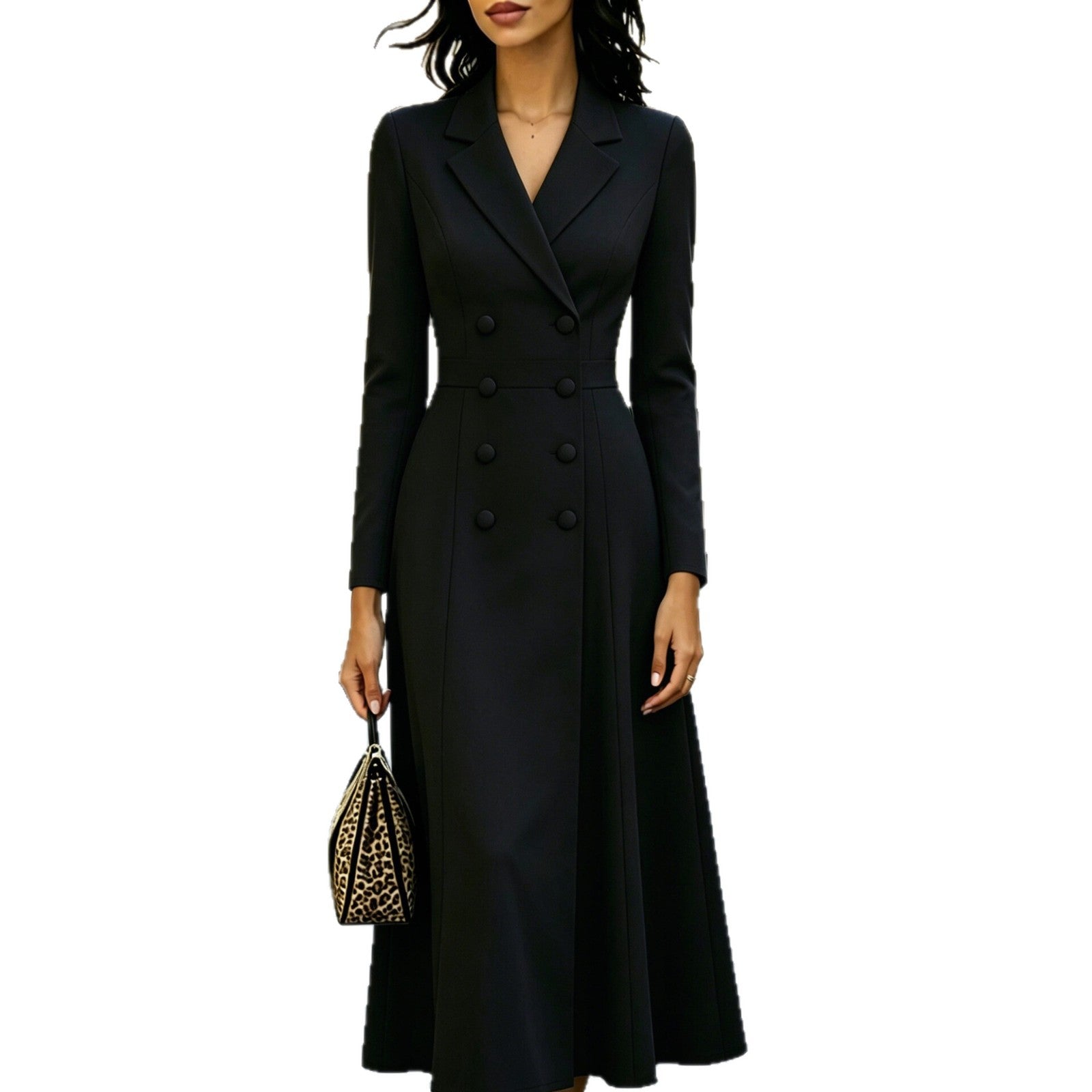 Elegant Double-breasted Tailored Long Dress With A Cinched Waist And A Flared Skirt - cas7m