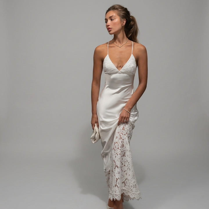 French-Style Elegant Lace Patchwork V-Neck Backless Tie-Up Evening Dress