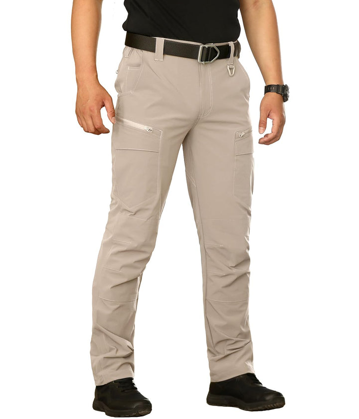 Beige tactical pants worn by a person on a white background