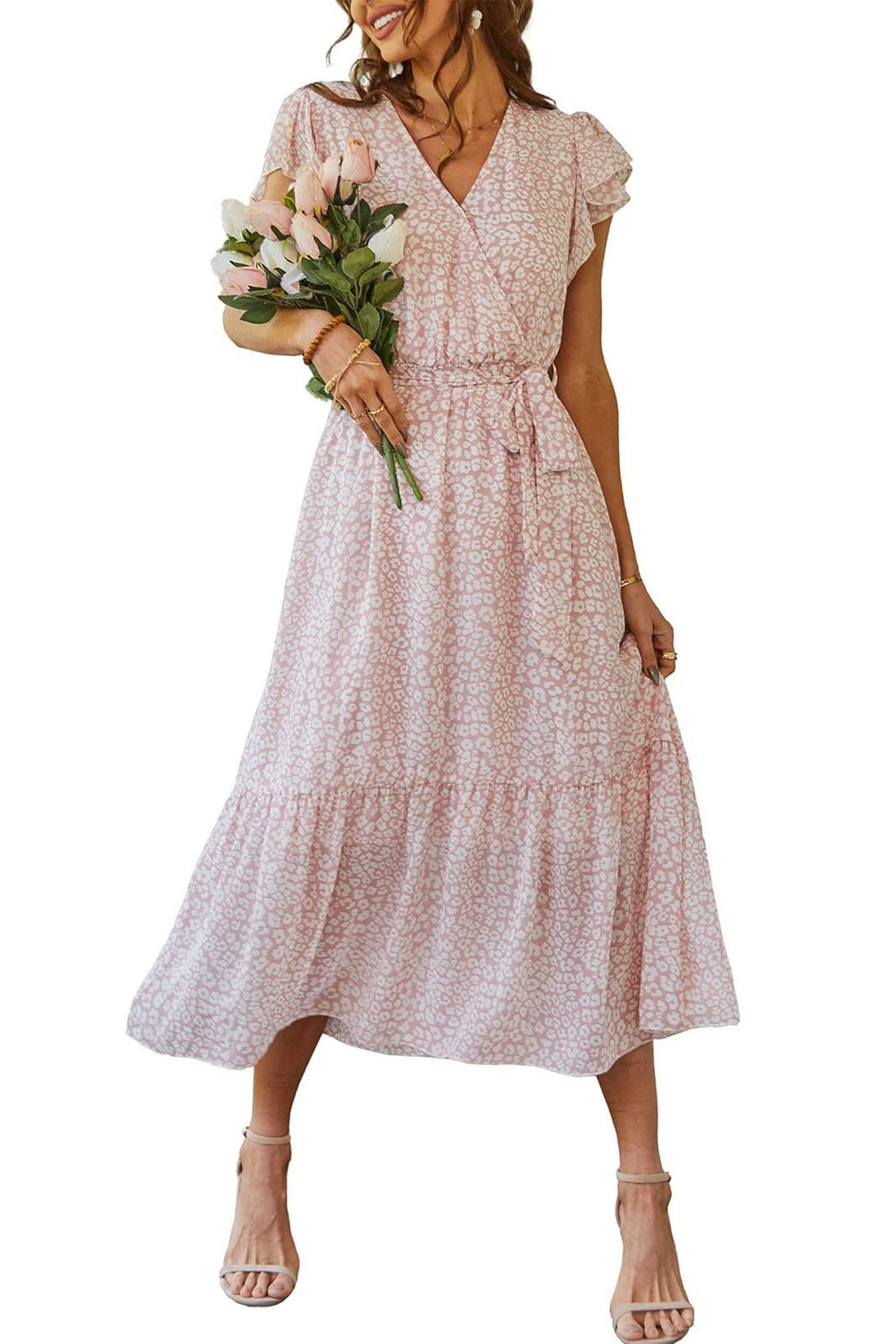 Womens Floral Print Flounce Short-Sleeve Midi Dress - cas7m
