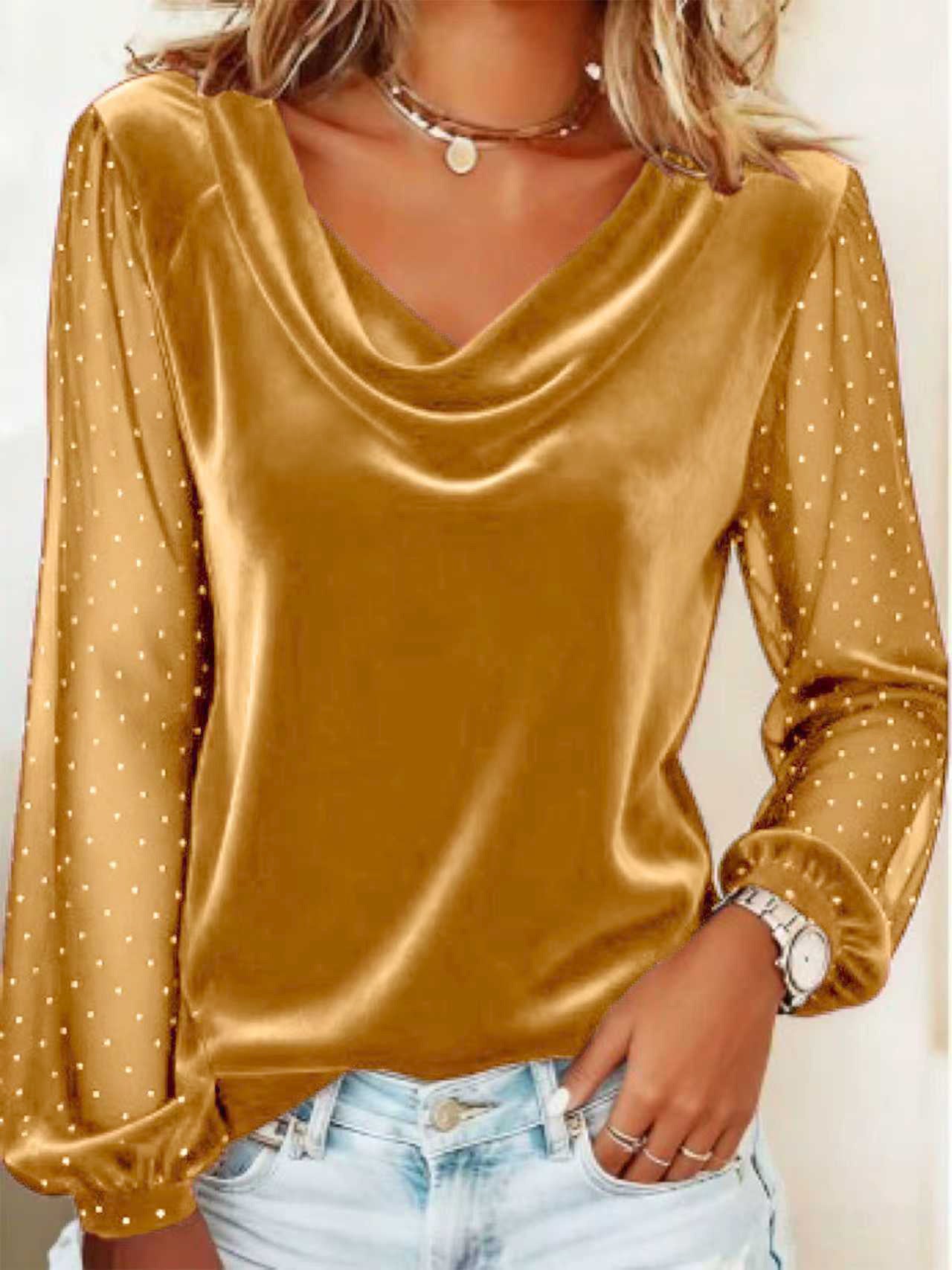 Women's Long Sleeve V-neck Velvet T-Shirt Women Elegant Diamond Mesh Sleeve Loose Tee Tops Christmas Clothes Women Shirt Red - cas7m