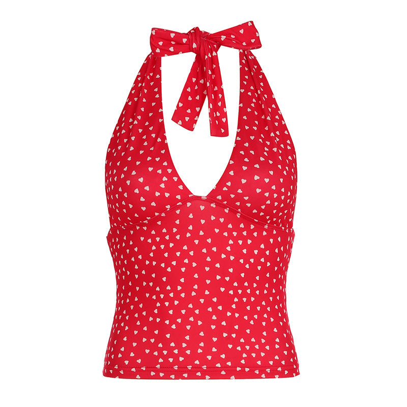 Printed Halter Strap Vest Girl Deep V-neck Strap Top - cas7m