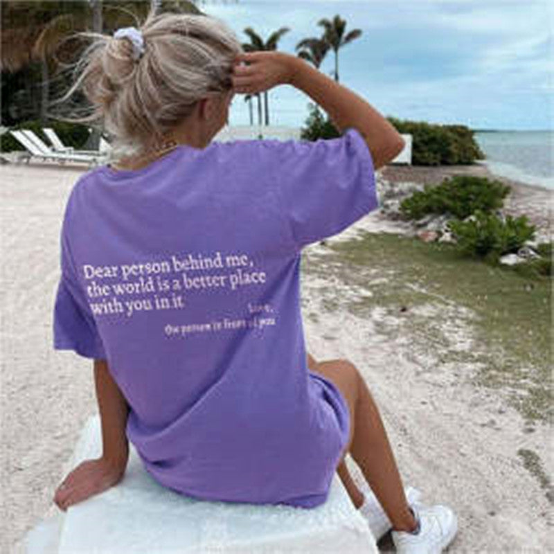 New Fashion Womens Letter T-Shirt Round Neck Short Sleeve Slogan Tee Top - cas7m