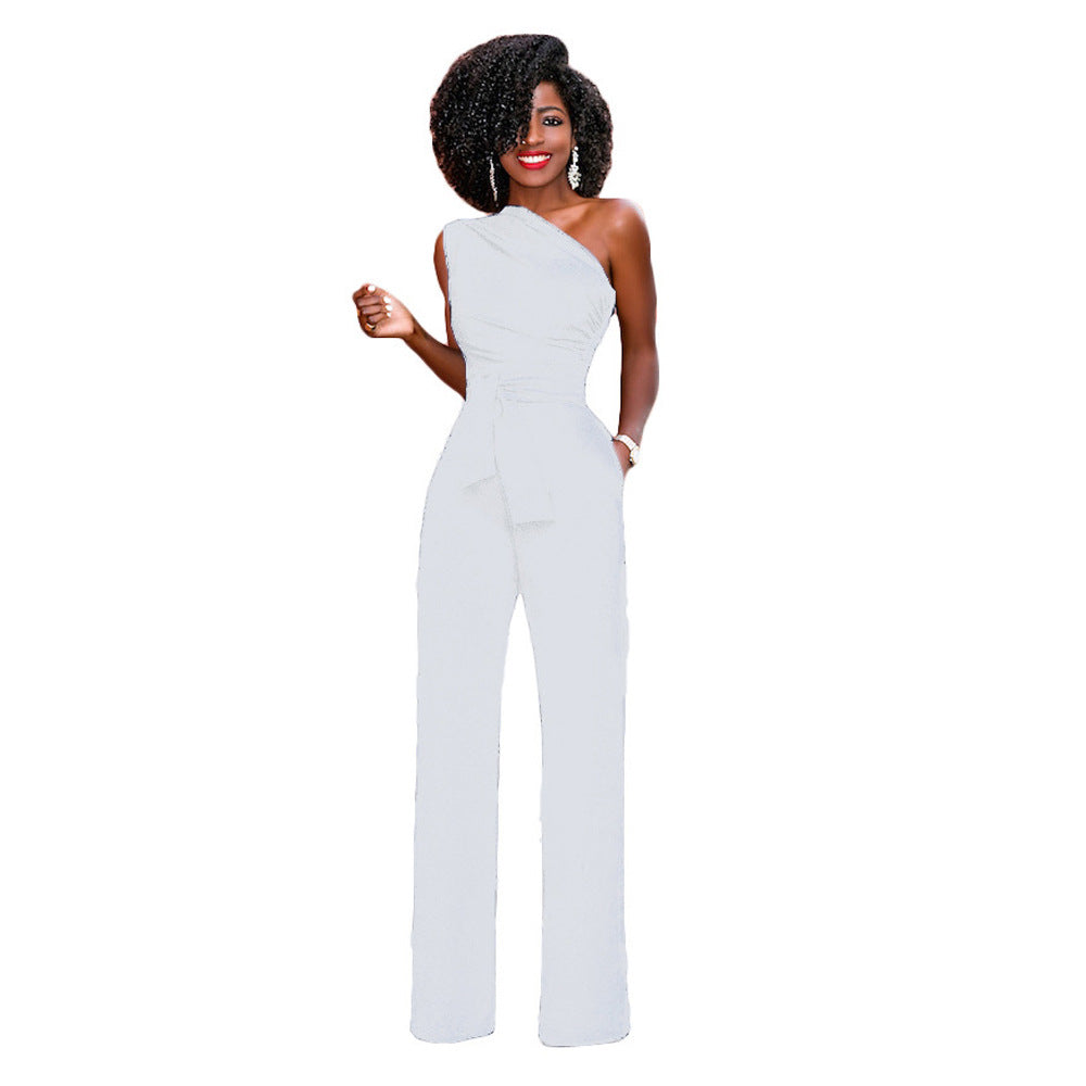 Solid color slant collar button up Jumpsuit - cas7m