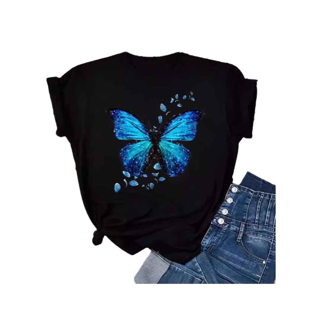 Colorized Butterfly Petal Printed T-shirt Short Sleeve Round Neck - cas7m