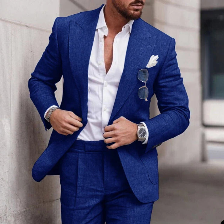 Men's Large Single Row One Button Solid Color Suit Two-piece Set - cas7m