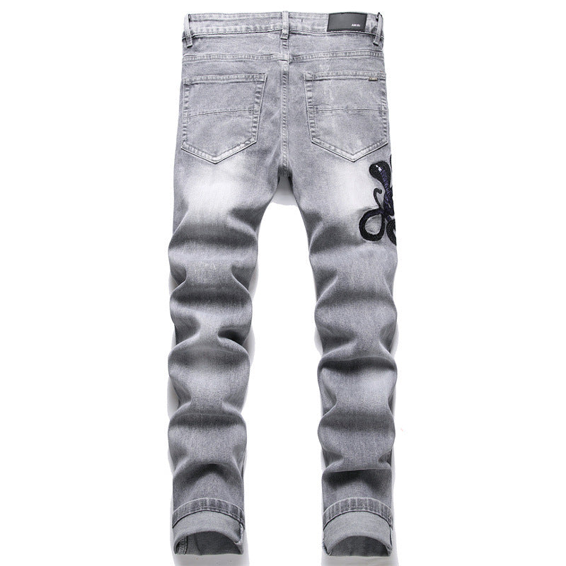 Fashion Gray Hole Patch Embroidery Cobra Stretch Feet Men's Jeans - cas7m