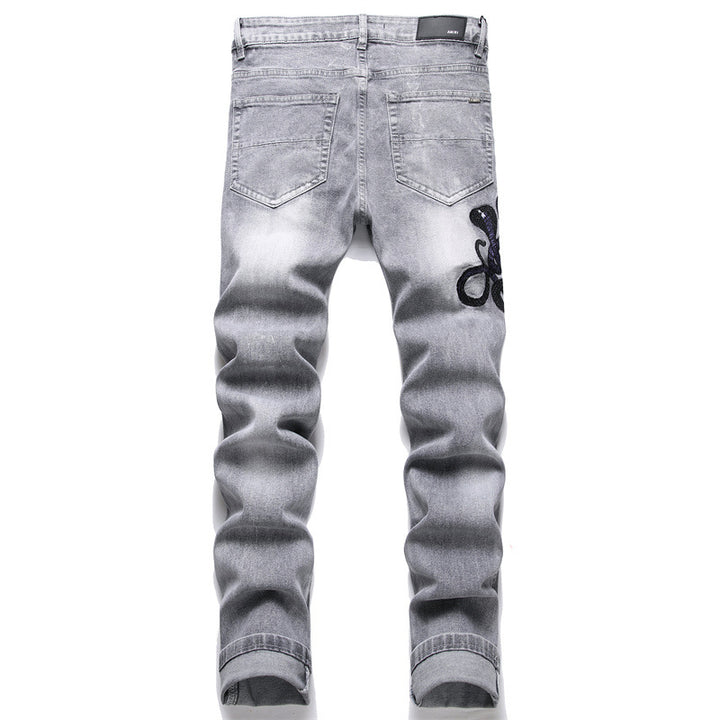 Fashion Gray Hole Patch Embroidery Cobra Stretch Feet Men's Jeans - cas7m