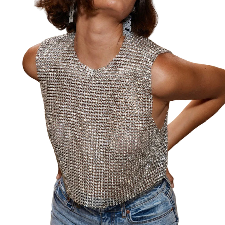 Women's Sleeveless Blouse Metal Rhinestone Backless - cas7m