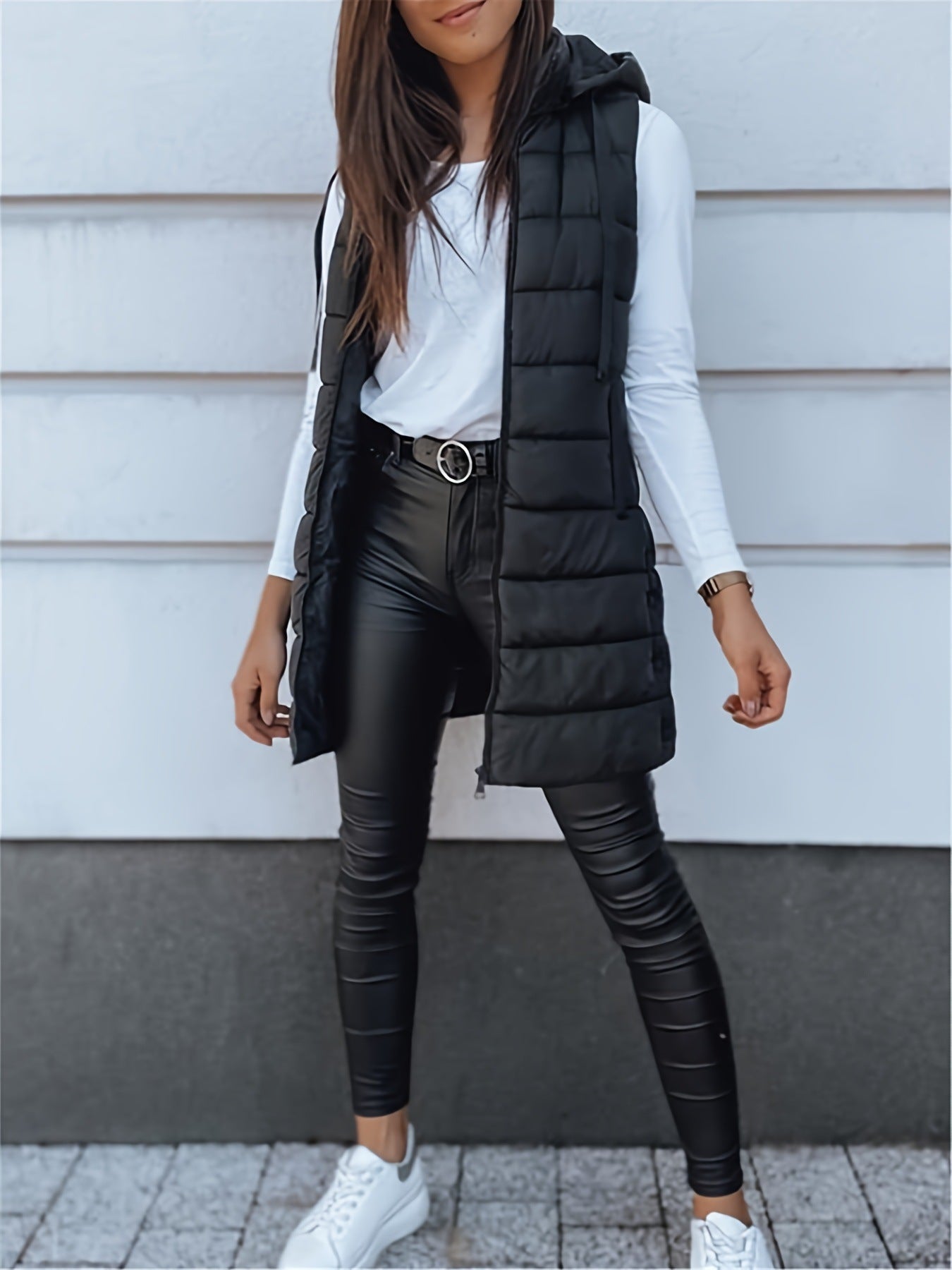 Solid Color Hooded Quilted Zipper Cotton Vest Coat - cas7m