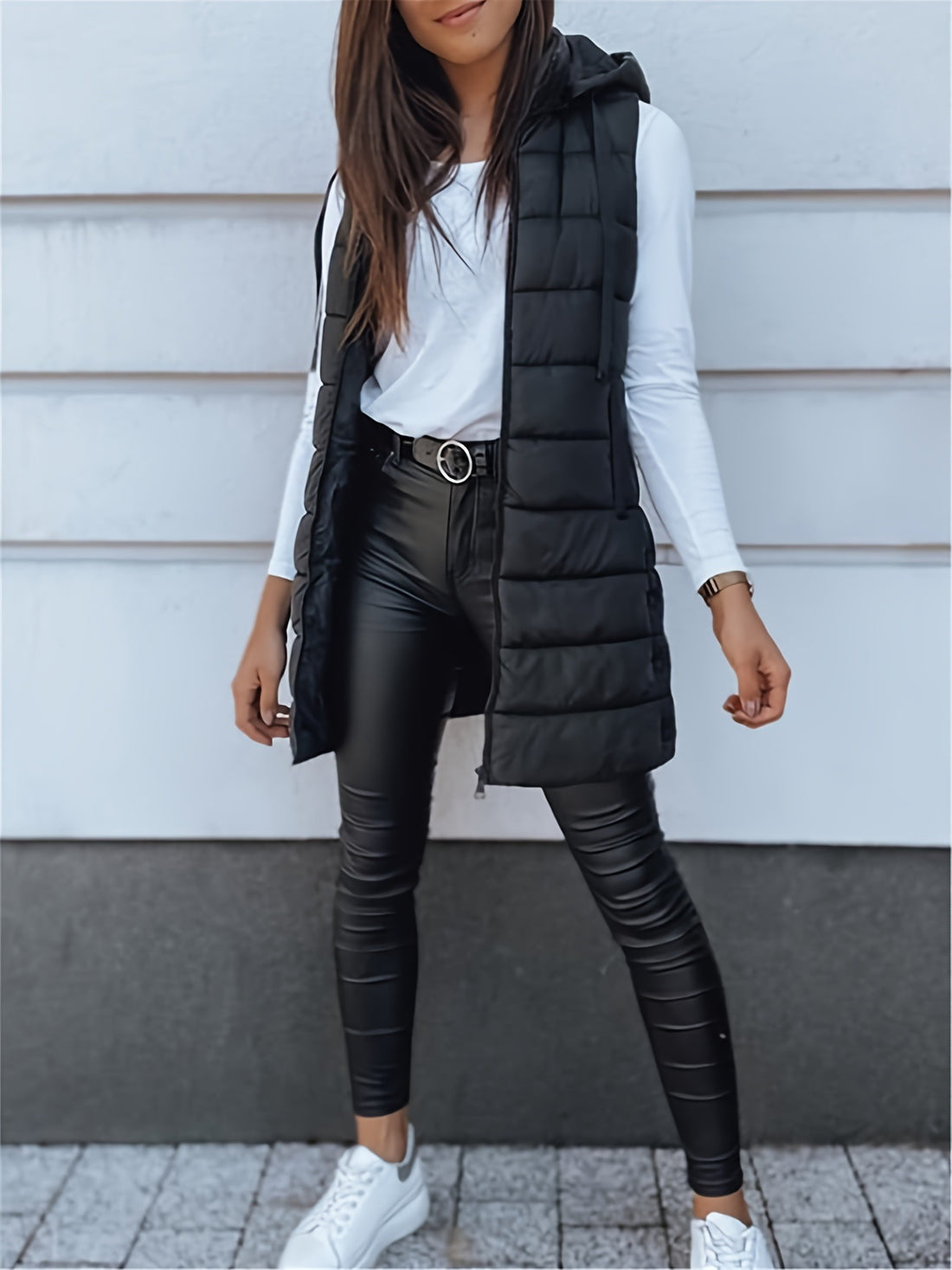 Solid Color Hooded Quilted Zipper Cotton Vest Coat - cas7m