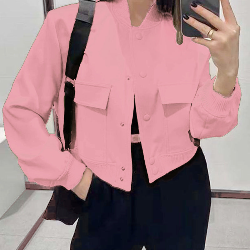 Fashion Button Stand-collar Jacket With Big Pockets Casual Loose Short Outwear Tops Coat For Women Clothing - cas7m