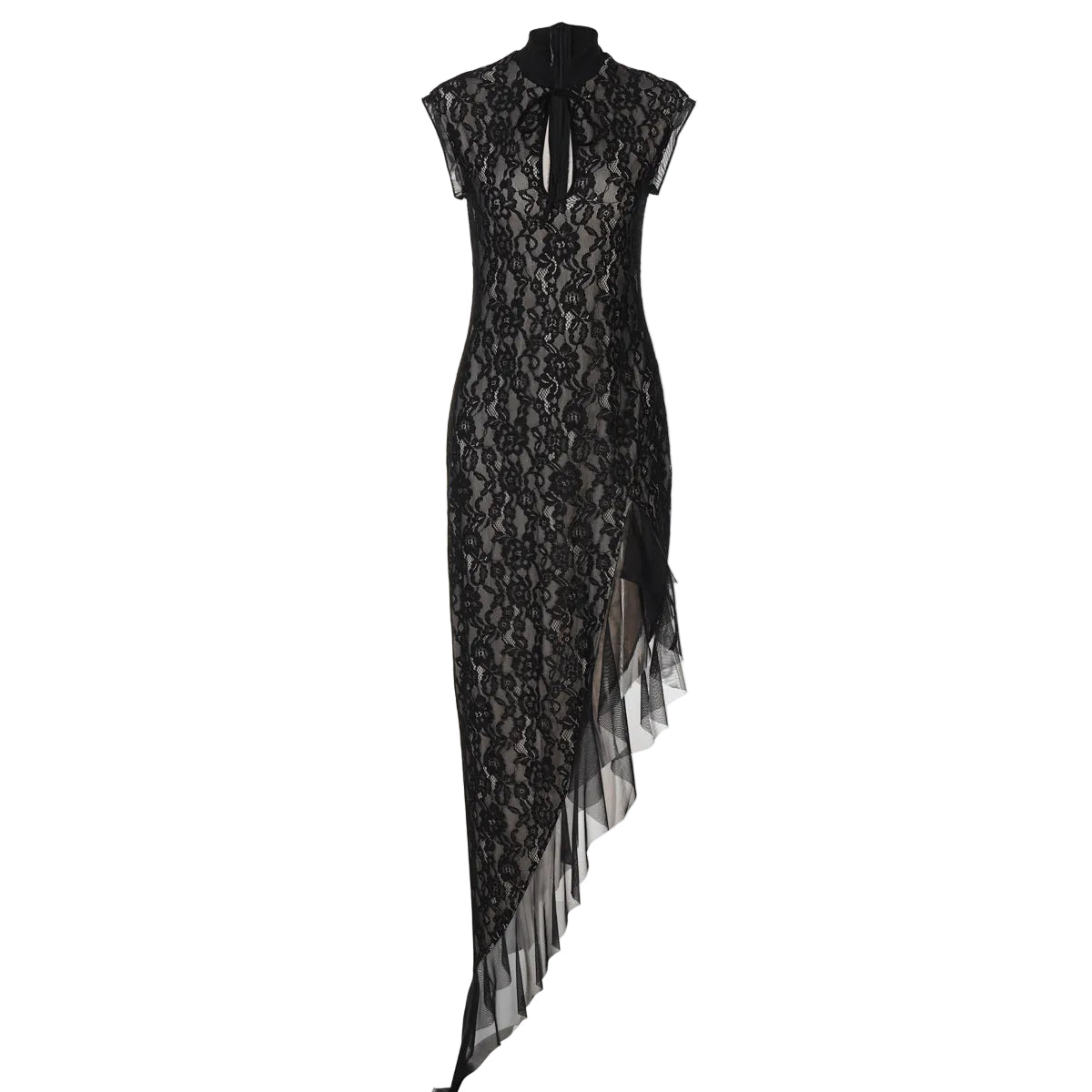 A black lace midi dress with a high neck, tie detail at the collar, cap sleeves, and an asymmetrical sheer tulle hem, shown against a plain white background.