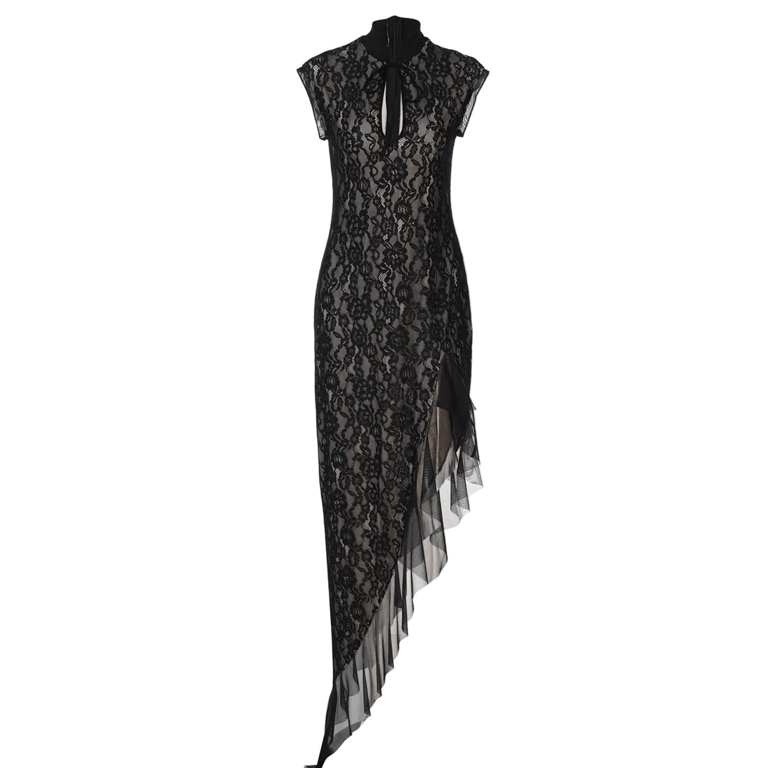 A black lace midi dress with a high neck, tie detail at the collar, cap sleeves, and an asymmetrical sheer tulle hem, shown against a plain white background.